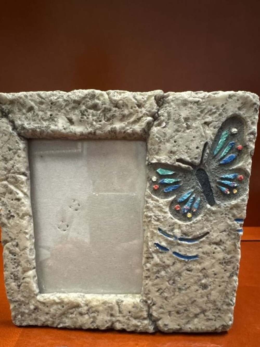 Life Echoes Gray Stone Picture Frame with Etched Multicolor Butterfly